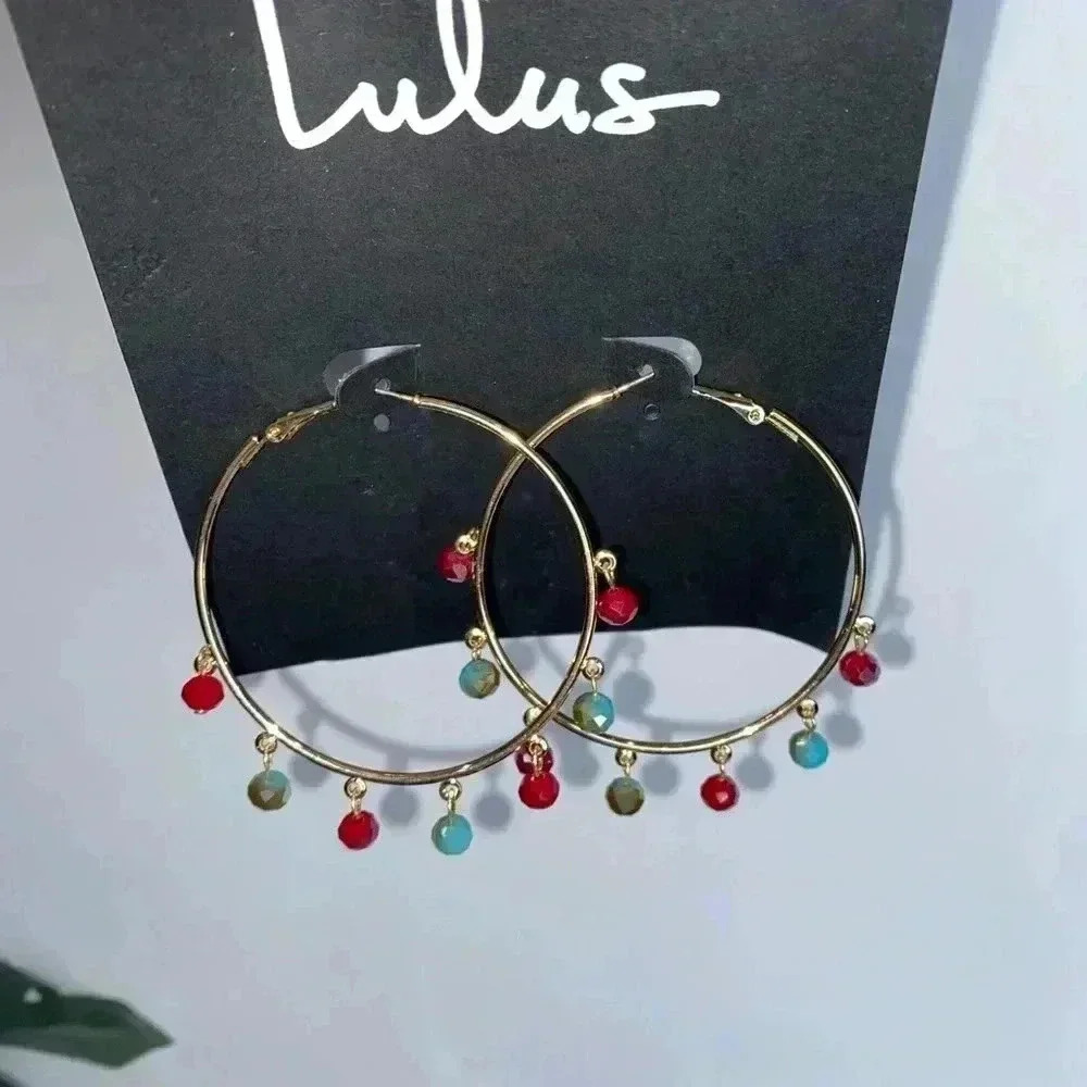Lulus gold tone hoops with multi colored accents - Picture 4 of 5